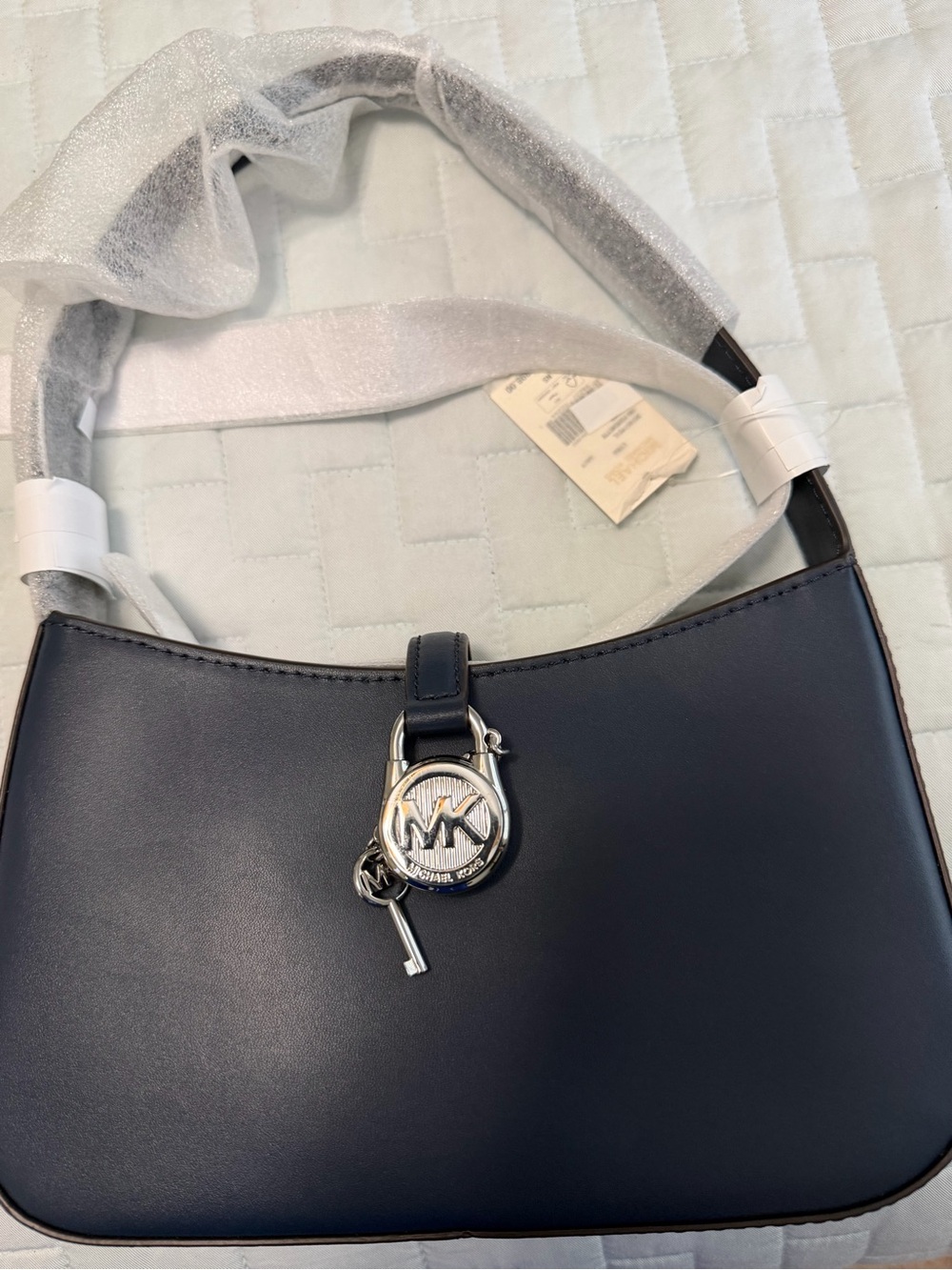 Michael Kors Navy Leather Shoulder Bag with Silver MK Charm